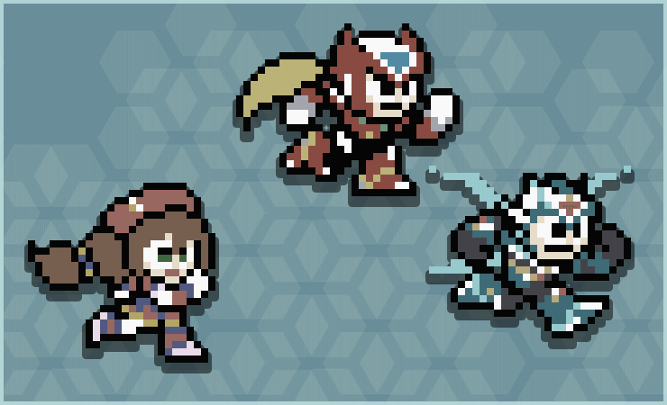 Grey image of megaman characters